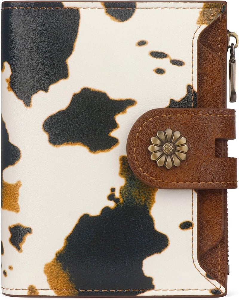 Blucoay Wallet Women,RFID Blocking Leather Womens Wallet Bifold Compact Small Wallet for Women Card Holder with Removable ID Window cowprint brown - Image 1